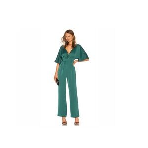 NBD Emerald Satin Jumpsuit Flutter Sleeve‎ Wide Leg Holiday Party NWT $178 MSRP